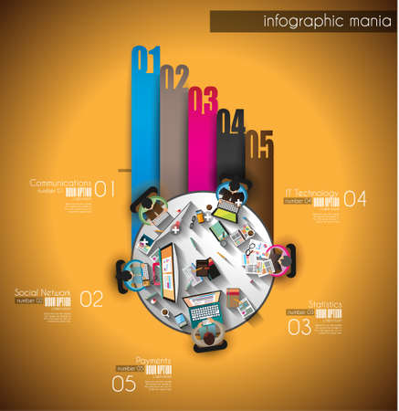 Infographic teamwork and brainsotrming with Flat style. A lot of design elements are included: computers, mobile devices, desk supplies, pencil,coffee mug, sheeets,documents and so onのイラスト素材
