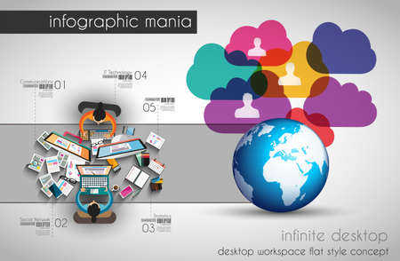 Infographic teamwork and brainstorming with Flat style. A lot of design elements are included: computers, mobile devices, desk supplies, pencil,coffee mug, sheeets,documents and so onのイラスト素材