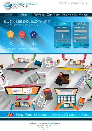 Modern website template with flat style infographics layout for your project. It includes laptop and mobile devices mockup, computers and desk supplies designs.のイラスト素材