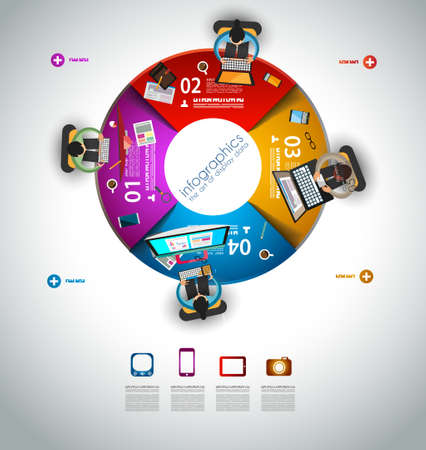 Infographic teamwork and brainstorming with Flat style. A lot of design elements are included: computers, mobile devices, desk supplies, pencil,coffee mug, sheets,documents and so onのイラスト素材