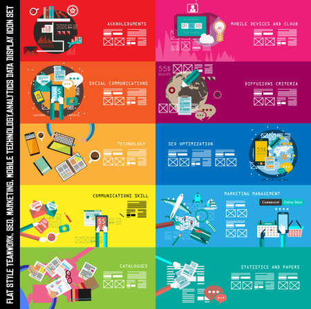 Infographic teamwork Banner Set and brainstorming with Flat style. A lot of design elements are included: computers, mobile devices, desk supplies, pencil,coffee mug, sheets,documents and so onのイラスト素材