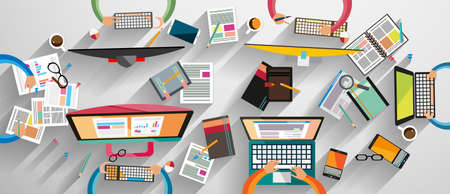 Ideal Workspace for teamwork and brainsotrming with Flat style. A lot of design elements are included: computers, mobile devices, desk supplies, pencil,coffee mug, sheeets,documents and so onの写真素材