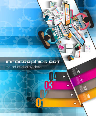 Infographic teamwork and brainstorming with Flat style. A lot of design elements are included: computers, mobile devices, desk supplies, pencil,coffee mug, sheets,documents and so onのイラスト素材