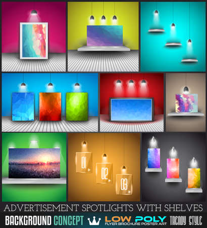 Collection of spotlights with panels with Low Poly arts for product advertisement, shop simulations, item promotions, packaging show and so onのイラスト素材