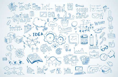 Business doodles Sketch set : infographics elements isolated, vector shapes. It include lots of icons included graphs, stats, devices,laptops, clouds, concepts and so on.のイラスト素材