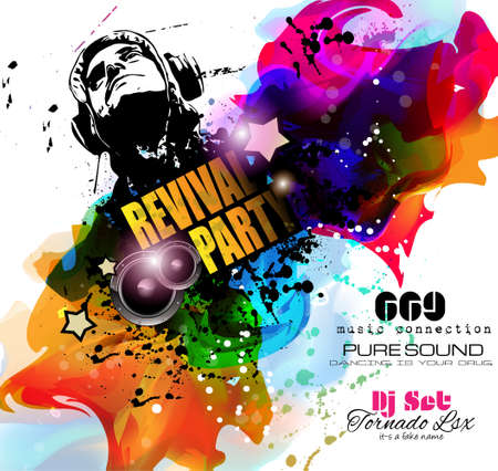 Disco Night Club Flyer layout with Disck Jockey shape and music themed elements to use for Event Poster, Club advertisement, Night Contest promotions and Invitations.のイラスト素材