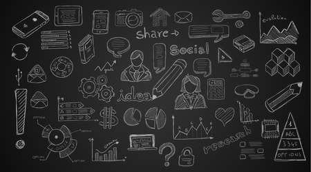 Social Media doodles Sketch set with infographics elements isolated, vector shapes. It include lots of icons included graphs, stats, devices,laptops, clouds, concepts and so on.のイラスト素材
