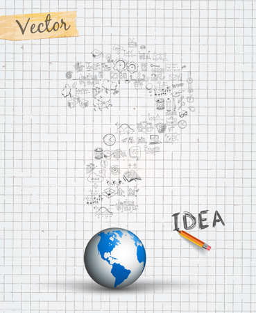 Infographic Layout for Brainstorming Concept background with graphs sketches. A lot of hand drawn infographics and related design elements are included plus 3D glossy lamp.のイラスト素材