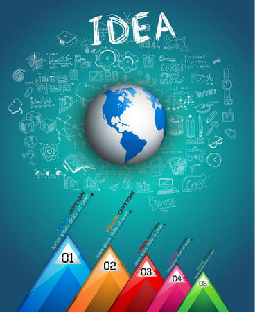 Infographic teamwork and brainstorming with Sketches. A lot of design elements are included: computers, mobile devices, desk supplies, pencil,coffee mug, hand drawn stuff, sheets,documents and so onのイラスト素材