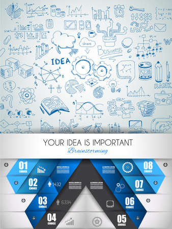 Idea Concept Layout for Brainstorming and Infographic background with graphs sketches. A lot of hand drawn infographics and related design elements are included plus 3D glossy lamp.のイラスト素材
