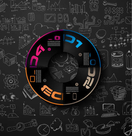 Infographic teamwork and brainstorming with Flat style. A lot of design elements are included: computers, mobile devices, desk supplies, pencil,coffee mug, sheets,documents and so onのイラスト素材