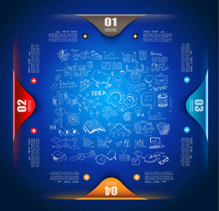 Infographic teamwork and brainstorming with Flat style. A lot of design elements are included: computers, mobile devices, desk supplies, pencil,coffee mug, sheets,documents and so onのイラスト素材