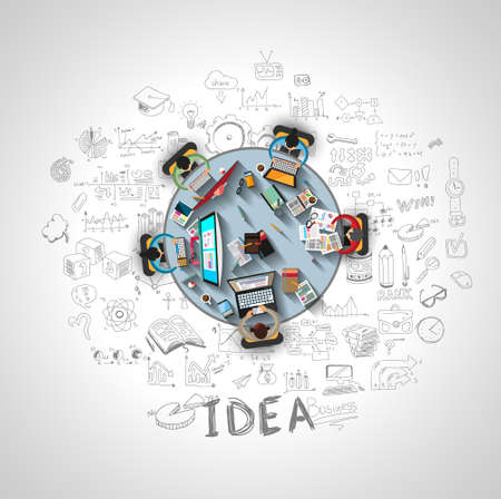 Infographics Teamwork with Business doodles Sketch background: infographics vector elements isolated, . It include lots of icons included graphs, stats, devices,laptops, clouds, concepts and so on.のイラスト素材