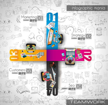 Infographics Teamwork with Business doodles Sketch background: infographics vector elements isolated, . It include lots of icons included graphs, stats, devices,laptops, clouds, concepts and so on.のイラスト素材