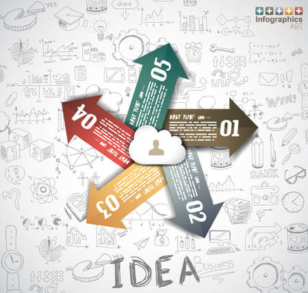 Infographics Teamwork with Business doodles Sketch background: infographics vector elements isolated, . It include lots of icons included graphs, stats, devices,laptops, clouds, concepts and so on.のイラスト素材