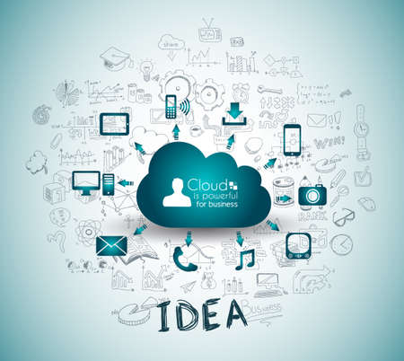 Cloud Computing with Business doodles Sketch background: infographics vector elements isolated, . It include lots of icons included graphs, stats, devices,laptops, clouds, concepts and so on.のイラスト素材