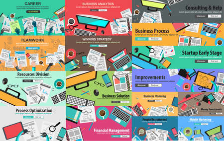 MEGA PACK of Flat Style Design Concepts for business strategy and career. Ideal for corporate brochures, flyers, digital marketing, product or idea presentations, web banners and so on .のイラスト素材