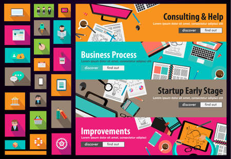 Various Designs: Ideal Workspace for teamwork and brainsotrming with Flat style. A lot of design elements are included: computers, mobile devices, desk supplies, pencil,coffee mug, sheeets,documents and so onのイラスト素材