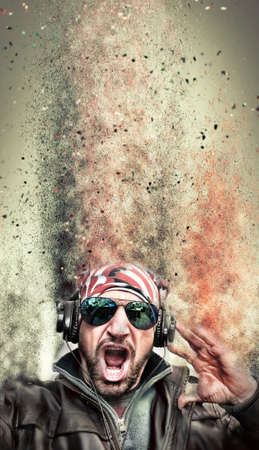 Suggestive Club Flyer Featuring a DJ listening to music and screaming in the airの写真素材