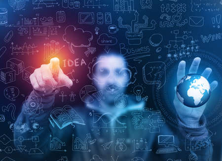 Man touching a glass panel full of informations and graphs. Idea to show business infographics conceptの写真素材