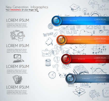 Infographic template for modern data visualization and ranking. Clean Glass Effect numbered buttons with space for text and a hand drawn doodles sketch background with marketing design elements.のイラスト素材
