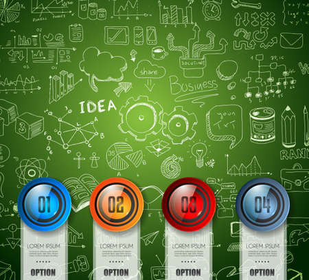 Infographic template for modern data visualization and ranking. Clean Glass Effect numbered buttons with space for text and a hand drawn doodles sketch background with marketing design elements.のイラスト素材