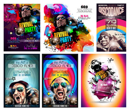 Club Disco Flyer Set with DJ shape and Colorful Scalable backgrounds. A lot of diffente style flyer for your techno, hip hop, electro or metal  music event Posters and advertising printed material.のイラスト素材