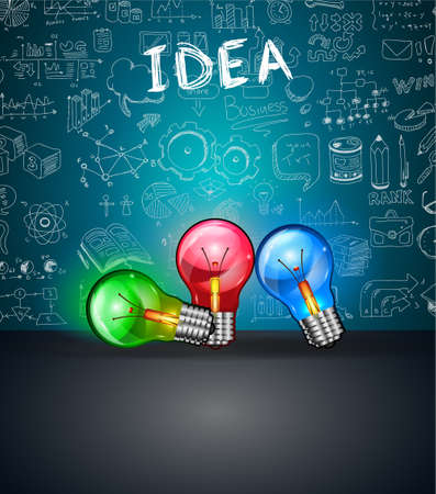 Conceptual LIght Bulb IDEA backgroud with space for text and 3 colorful lamps. Ideal to display new concepts, business proposals, innovation presentations and related posters.のイラスト素材