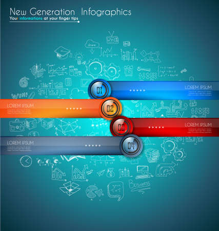 Infographic template for modern data visualization and ranking. Clean Glass Effect numbered buttons with space for text and a hand drawn doodles sketch background with marketing design elements.のイラスト素材