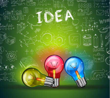 Idea Concept Layout for Brainstorming and Infographic background with graphs sketches. A lot of hand drawn infographics and related design elements are included plus 3D glossy lamp.のイラスト素材