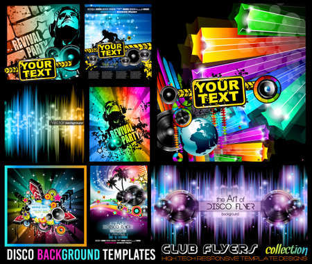 Big Set of Disco Club Flyer Template for your Music Nights Event. Ideal for TEchno Music, Hip Hop and House Performance Posters and flyers for Discotheques and night clubs.