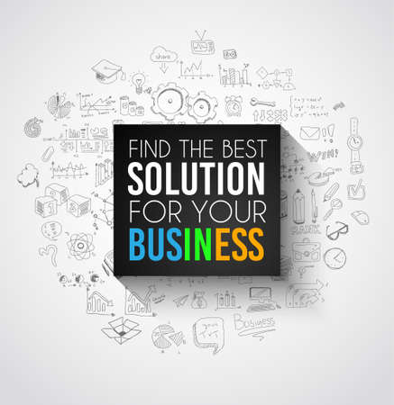 Best Solution for Your Business Slogan over a squared flat panel with soft shadow over an hand drawn doodles skeches collection of symbols, graphs, maths, infographics ans so on.のイラスト素材