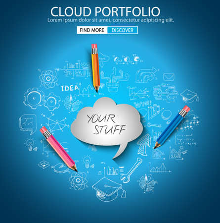 Cloud Portfolio concept with Doodle design style :on line marketing, social media,creative thinking. Modern style illustration for web banners, brochure and flyers.のイラスト素材