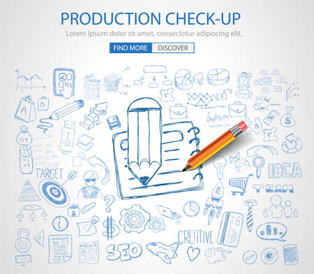 Production Check Up concept with Doodle design style :physical check, parts testing .Modern style illustration for web banners, brochure and flyers.のイラスト素材