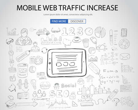 Mobile web traffic concept with Doodle design style :internet connections, web analysis, www statistics .Modern style illustration for web banners, brochure and flyers.のイラスト素材