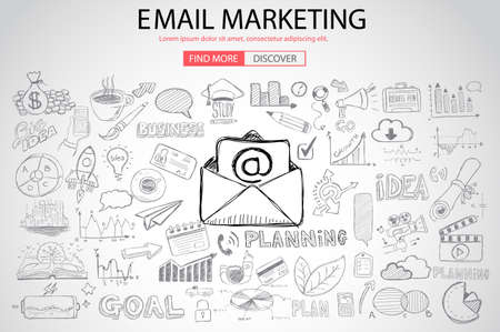 Email Marketing with Doodle design style :sending visual emails, promotions, creative designs. Modern style illustration for web banners, brochure and flyers.のイラスト素材