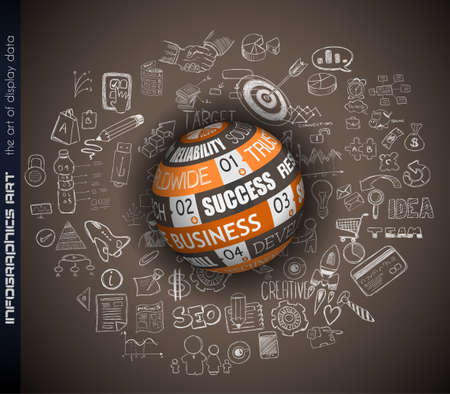 Success in Business conceptual background with a 3D Sphere and a tex message over an infographics hand drawn doodle sketches background.のイラスト素材