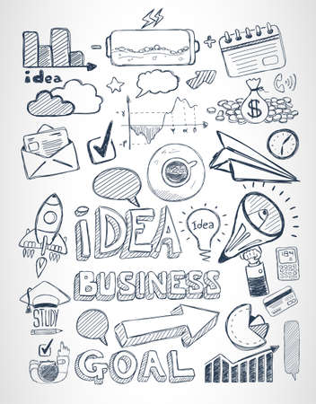 Business doodles Sketch set : infographics elements isolated, vector shapes. It include lots of icons included graphs, stats, devices,laptops, clouds, concepts and so on.のイラスト素材