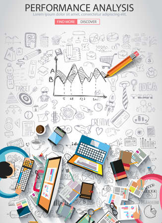 Performance Analysis concet with Doodle design style :finding solution, brainstorming, creative thinking. Modern style illustration for web banners, brochure and flyers.のイラスト素材