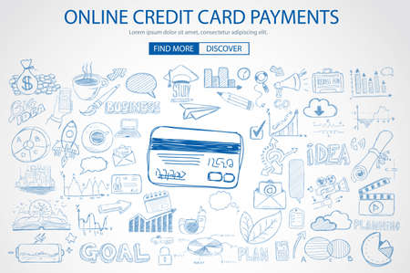 Online credit card payment concept with Doodle design style online purchases, banking, money spending. Modern style illustration for web banners, brochure and flyers.のイラスト素材