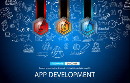 App Development Concept Background with Doodle design style :user interfaces, UI design,mobiel devices. Modern style illustration for web banners, brochure and flyers.のイラスト素材