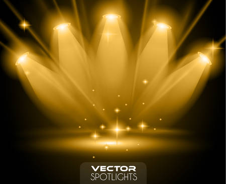 Vector Spotlights scene with different source of lights pointing to the floor or shelf. Ideal for featuring products. Lights are transparent so ready to be placed on every surface.のイラスト素材