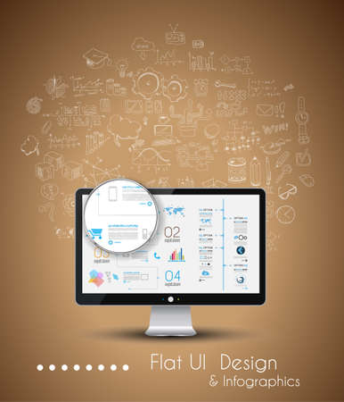 Business Solution and Idea Conceptual background with a desktop pc and hand drawn doodle sketched with a lot of different themes.のイラスト素材