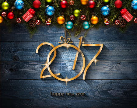 2017 Happy New Year seasonal background with real wood green pine, colorful Christmas baubles, gift...