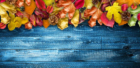 Autumn Leaves over a Natural Dark Wooden background. Old dirty wood tables or parquet with knots and...