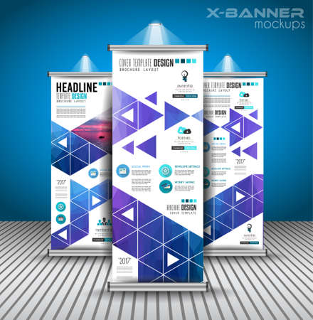 Set of Advertisement roll up business flyers or brochure banners with vertical design. Vector template for cover presentation with geometrical shape background. Ideal for modern x-banner and flag-banner.のイラスト素材