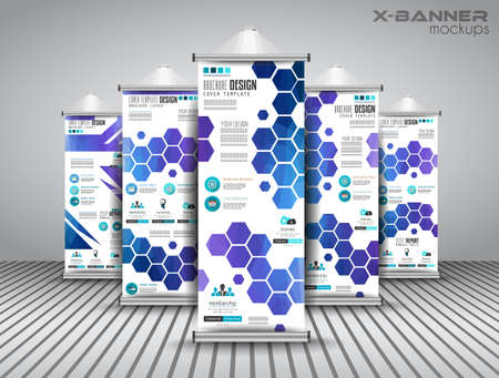 Set of Advertisement roll up business flyers or brochure banners with vertical design. Vector template for cover presentation with geometrical shape background. Ideal for modern x-banner and flag-banner.のイラスト素材