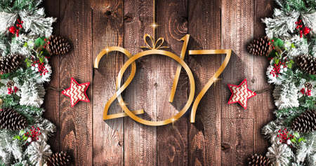 2017 New Year  Frame with green pine, colorful baubles, knots with berries,stars and other seasonal...