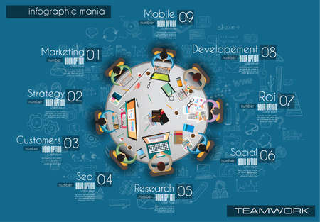 Infograph Brochure template with hand drawn sketches and a lot of infographic design elements. Ideal forTeamwork ideas, branstorming sessions and generic business plan presentationsl.のイラスト素材
