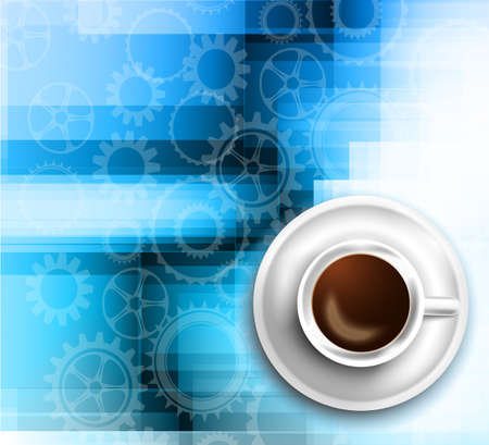 Infograph background template with a fresh coffee on table with infographic design elements and mockups and hand drawn sketches of technology items.のイラスト素材